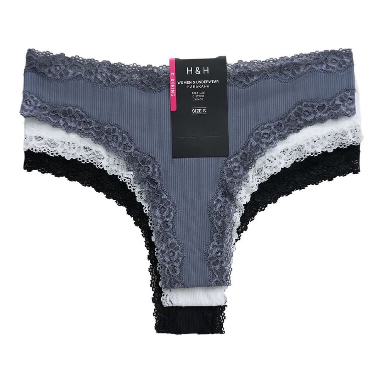 H&H Women's Rib And Lace G-strings 2 Pack, Black, hi-res