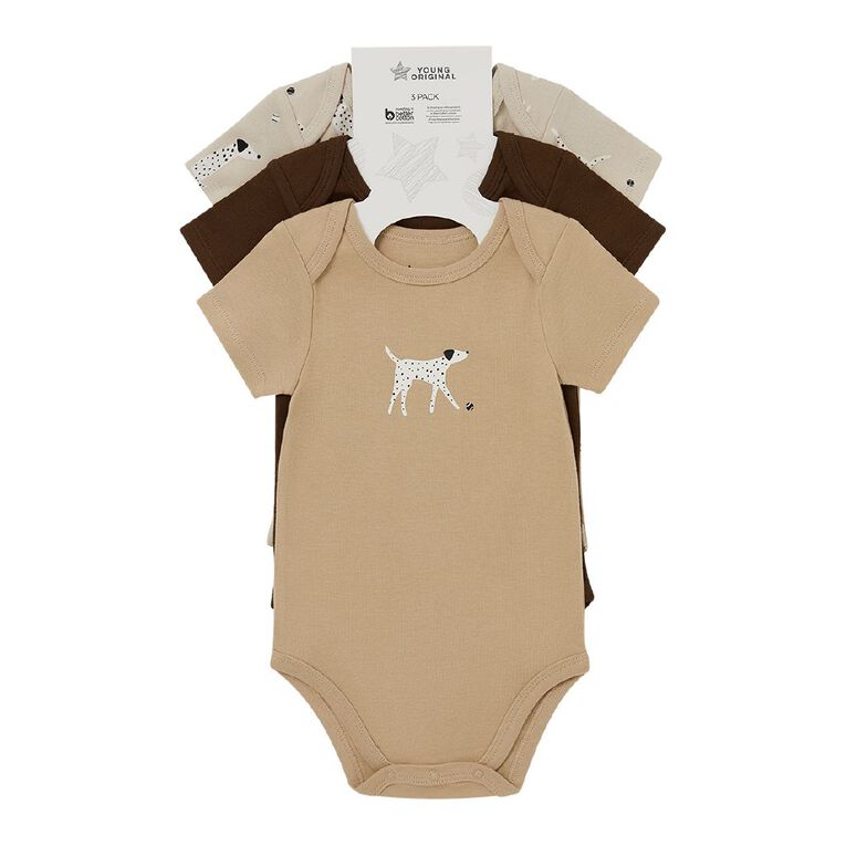 Young Original Babies' Short Sleeve Printed Bodysuit 3 Pack, Brown Mid DOGS, hi-res