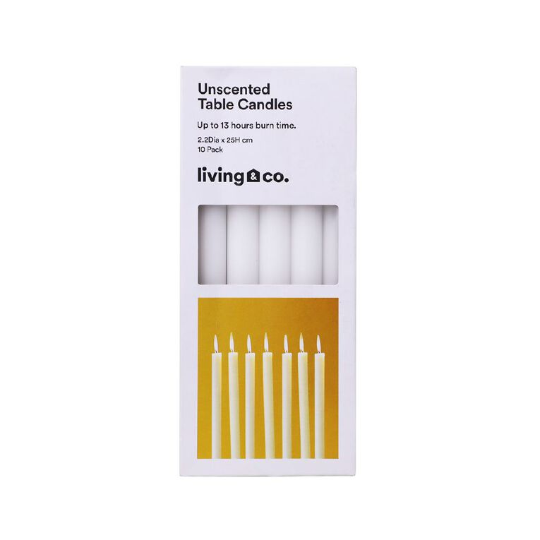 Living & Co Unscented Table Candles 25cm White 10 Pack, , hi-res
