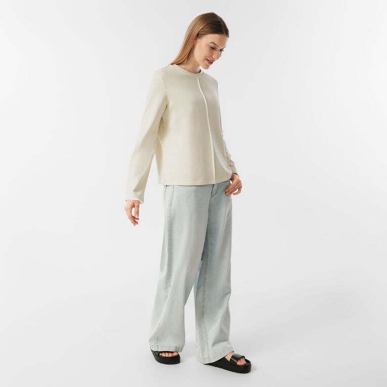 H&H Women's Long Sleeve Ponte Seam Detail Top, Cream, hi-res