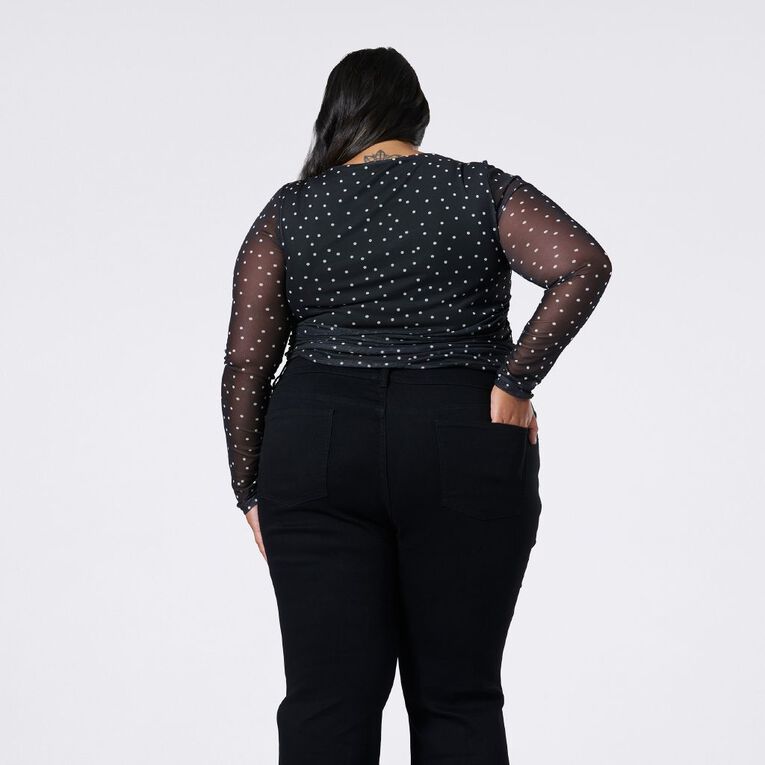 H&H Curve Women's Long Sleeve Ruched Mesh Knit Top, Black/White, hi-res