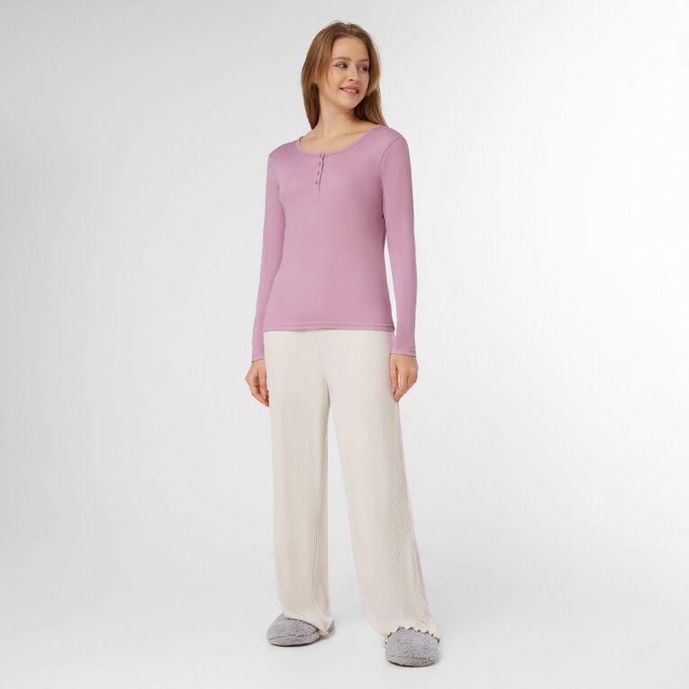 H&H Women's Henley Rib Pyjama Top, Purple Mid, hi-res