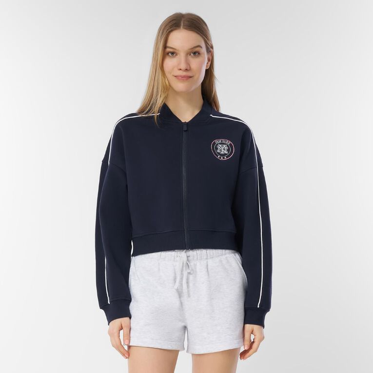 H&H Women's Long Sleeve Crop Zip Thru Sweat, Blue Dark, hi-res