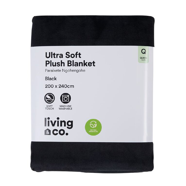 Living & Co Ultra Soft Plush Blanket Black Queen, Black, hi-res