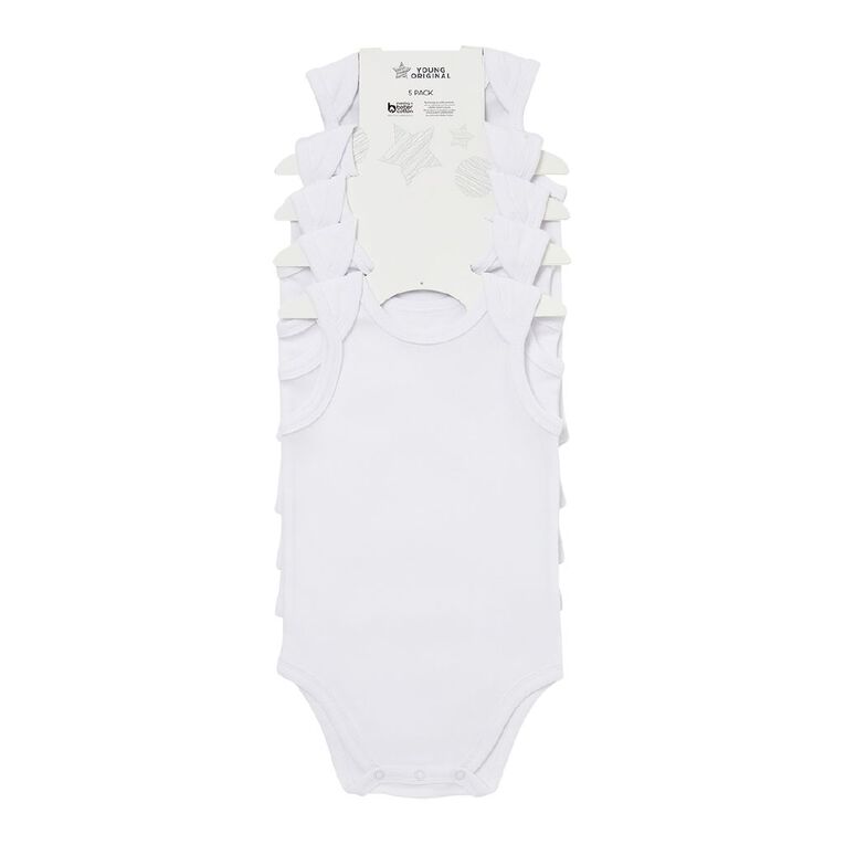 Young Original Babys' Sleeveless Bodysuit Plain 5 Pack, White, hi-res