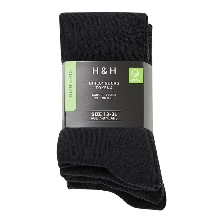 H&H Girls' School Knee High Socks 5 Pack, Black, hi-res