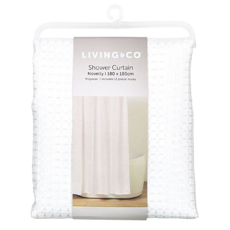 Living & Co Shower Curtain Woven Waffle White 180cm x 180cm, White, hi-res