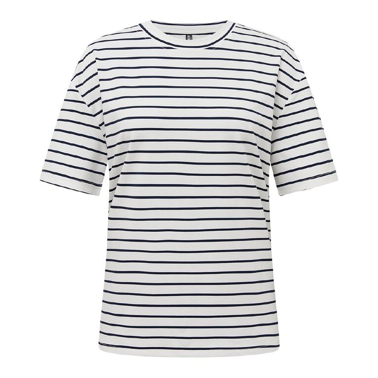 H&H Women's Short Sleeve Boxy Stripe Tee, White/Navy, hi-res