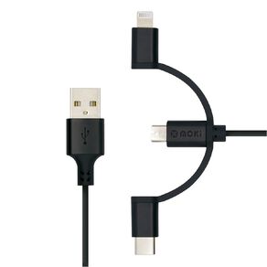 Moki 3-in-1 MicroUSB Type-C Lightning to USB A SynCharge Cable 1m