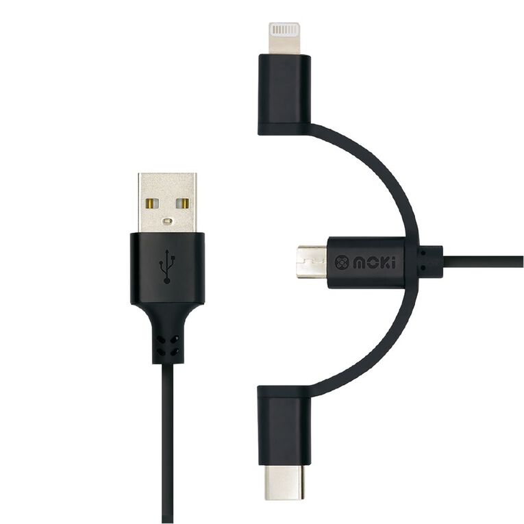 Moki 3-in-1 MicroUSB Type-C Lightning to USB A SynCharge Cable 1m, , hi-res