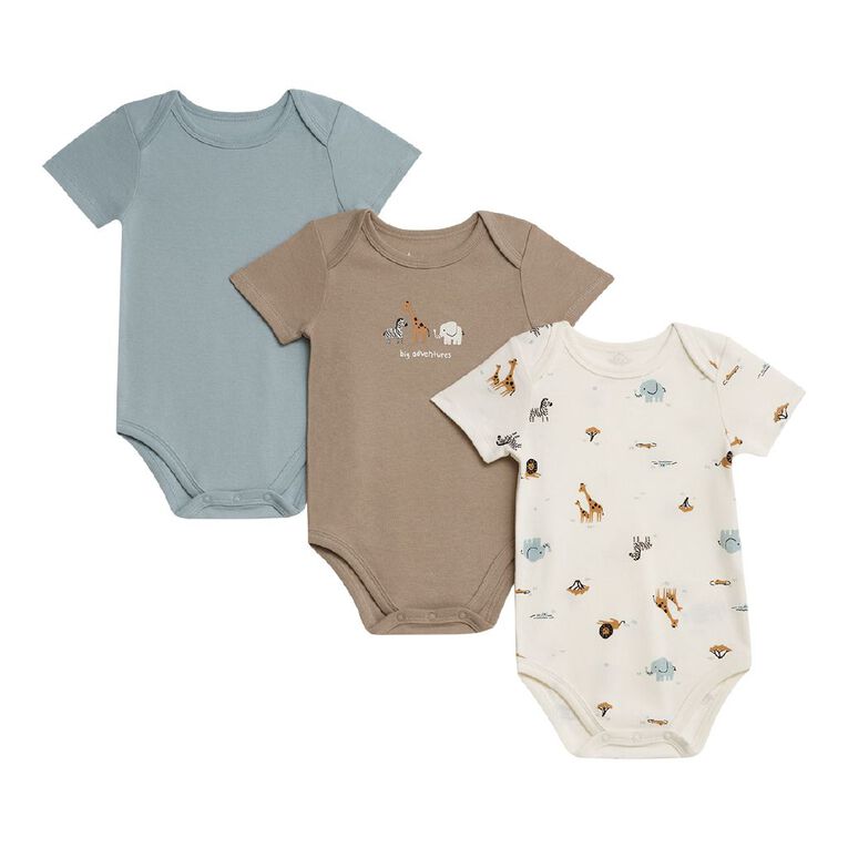 Young Original Babies' Short Sleeve Printed Bodysuit 3 Pack, Brown Light, hi-res