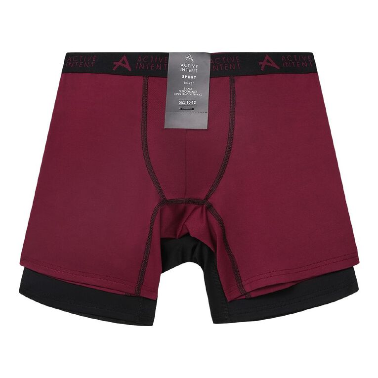 Active Intent Boys' Performance Mesh Insert Long Length Trunks 2 Pack, Red/Black, hi-res