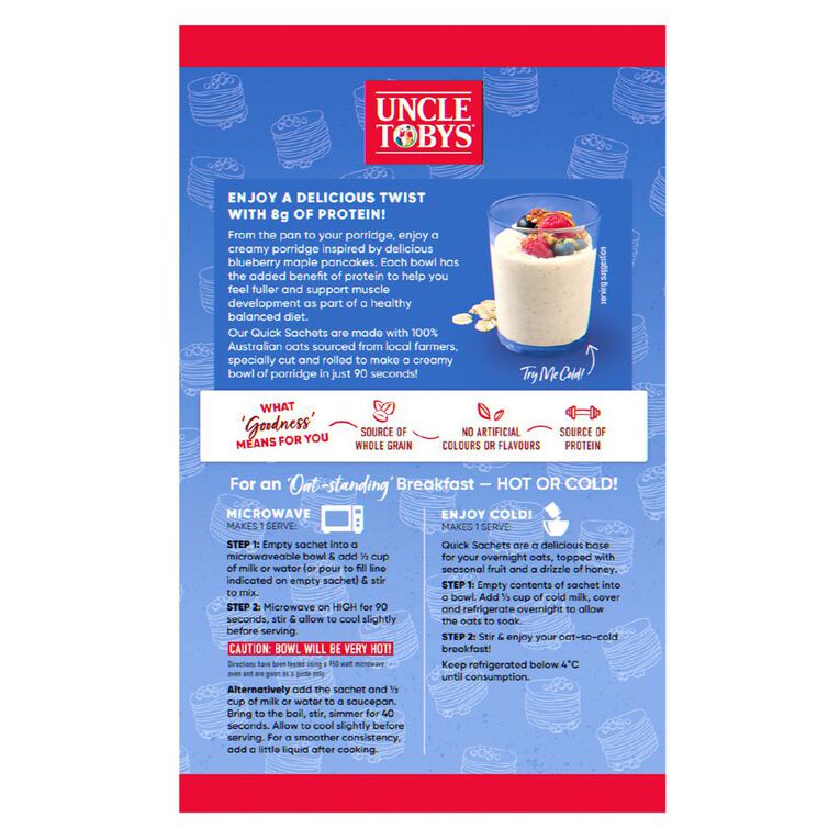 Uncle Tobys Oats Protein Quick Sachets Blueberry Maple Pancake 8 Pack, , hi-res