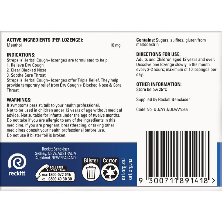 Strepsils Herbal Cough Honey Lemon Lozenges 16 Pack, , hi-res