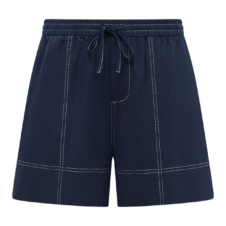 H&H Women's Linen Blend Contrast Stitch Shorts, Navy, hi-res