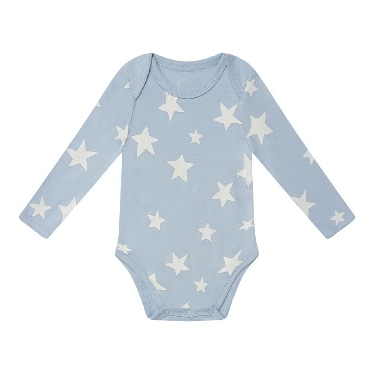 Young Original Babies' Long Sleeve Printed Bodysuit 3 Pack, Blue Light STAR, hi-res