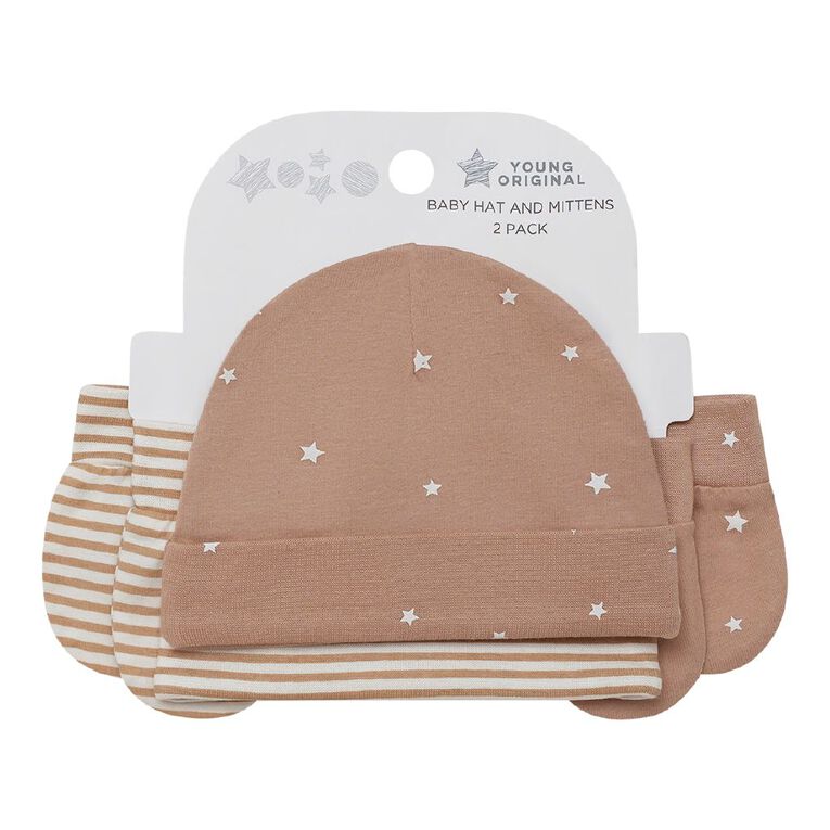 Young Original Babies' Beanie and Mittens Set, Brown Mid, hi-res