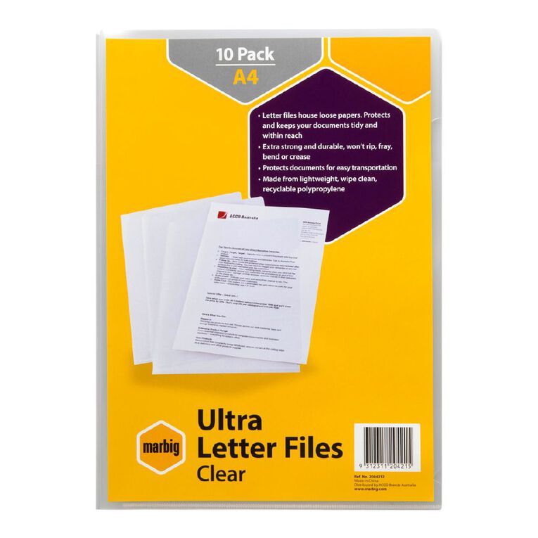 Marbig File A4 L Shaped Pocket Ultra PP Clear, , hi-res