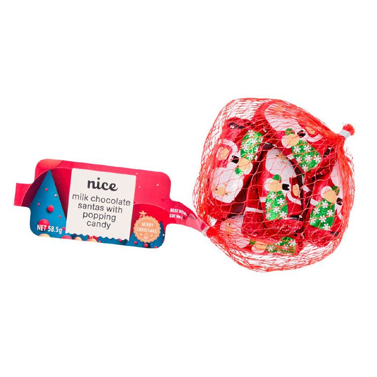 Nice Milk Chocolate Santas with Popping Candy in Mesh Bag 58.5g, , hi-res
