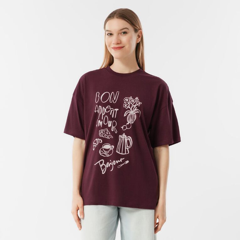 H&H Women's Short Sleeve Boyfriend Graphic Tee, White BONJOUR, hi-res