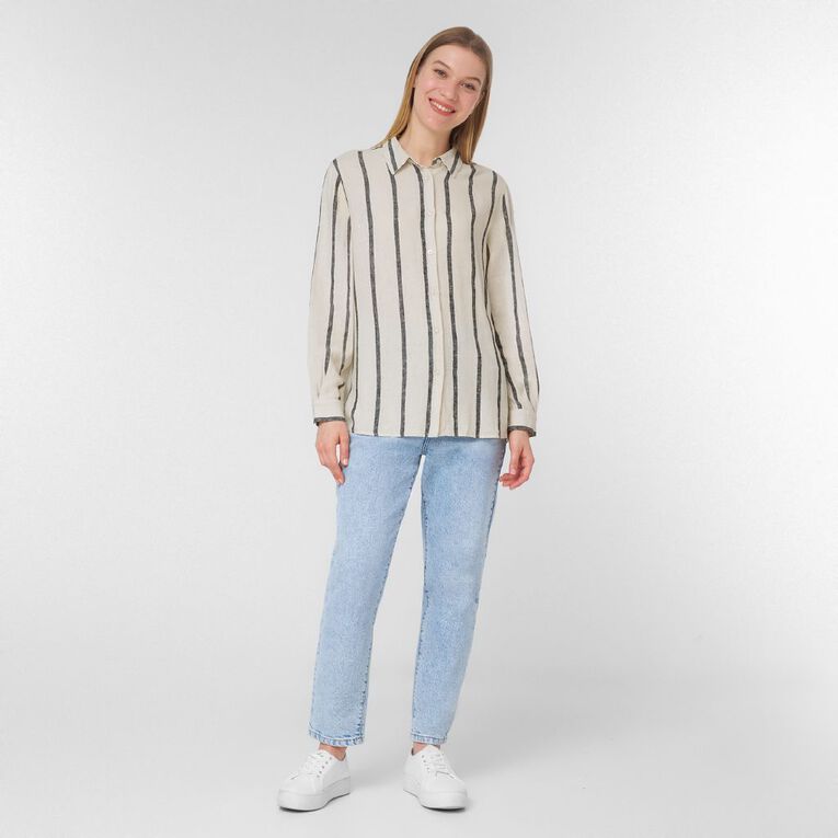 H&H Women's Long Sleeve Linen Blend Shirt, Natural, hi-res