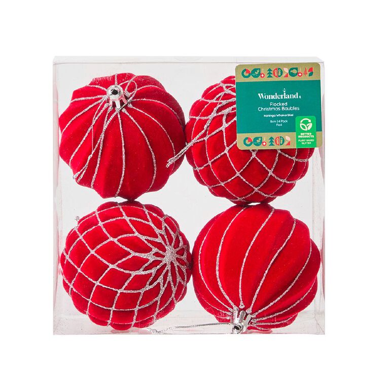 Wonderland Flocked Christmas Bauble 8cm Red 4 Pack, , hi-res