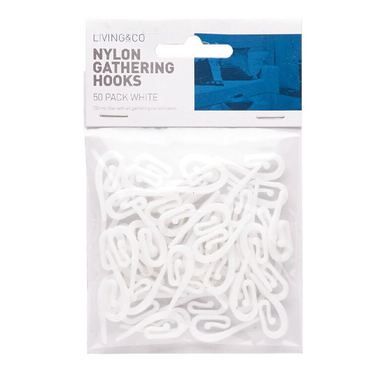 Living & Co Curtain Gather Hooks White 50 Pack, White, hi-res