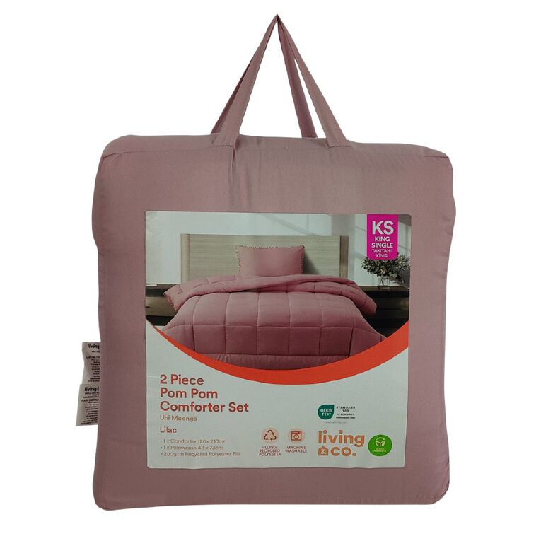 Living & Co 3 Piece Pom Pom Comforter Set Lilac King Single, Lilac, hi-res