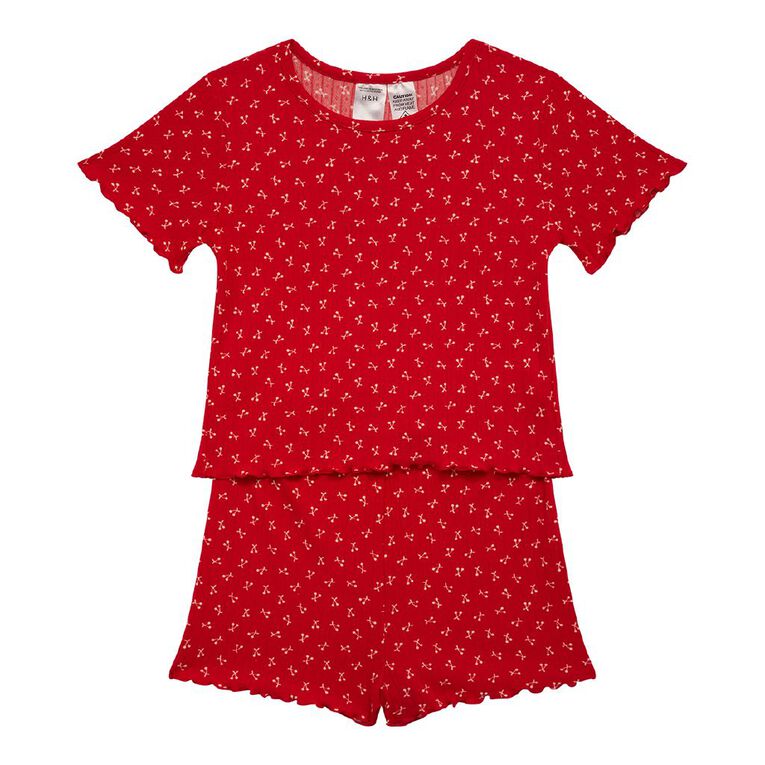 H&H Girls' Pointelle Shorts Pyjama Set, Red Mid, hi-res