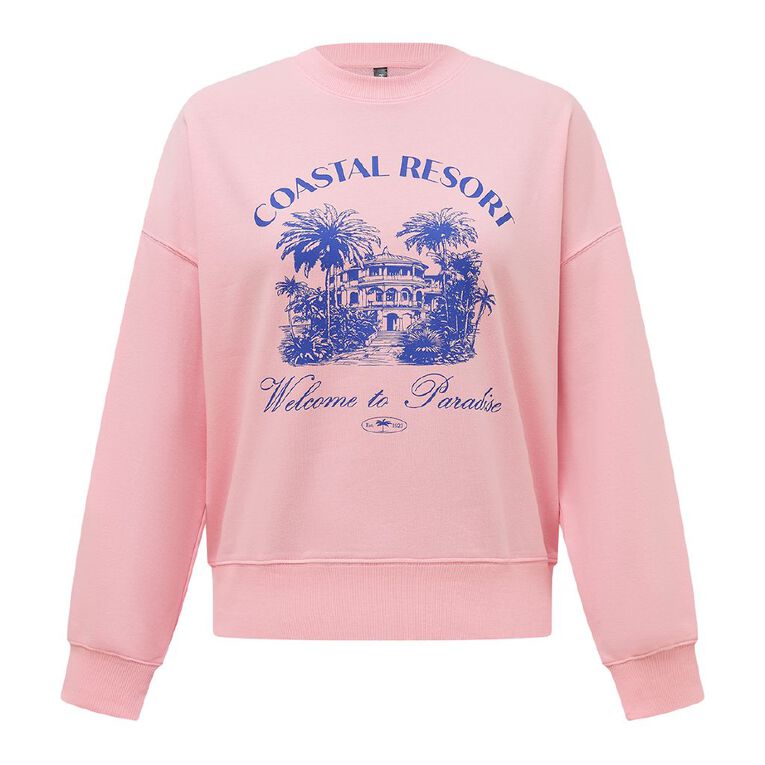 H&H Women's Drop Shoulder Graphic Crew, Pink Mid, hi-res