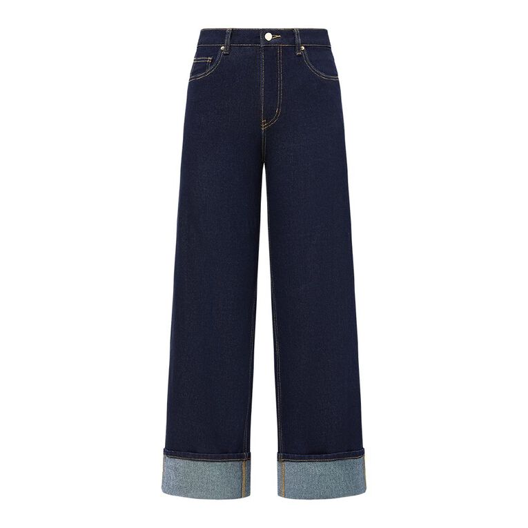 H&H Women's Wide Leg Turn Up Jean, Denim Dark, hi-res