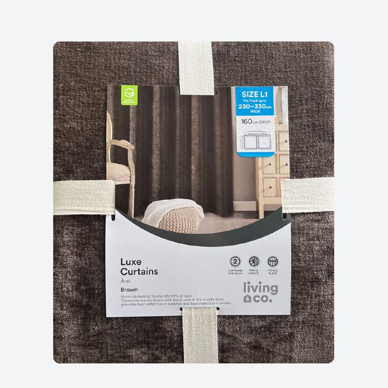 Living & Co Luxe Curtains Brown Mid 230-330cm Wide/160cm Drop, , hi-res