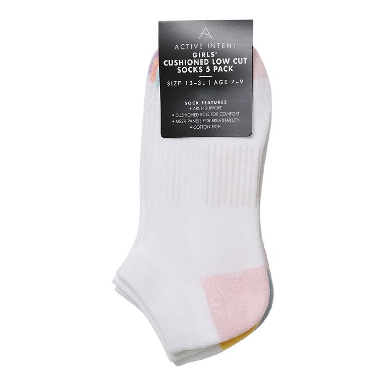 Active Intent Girls' Cushioned Low Cut Socks 5 Pack, White, hi-res