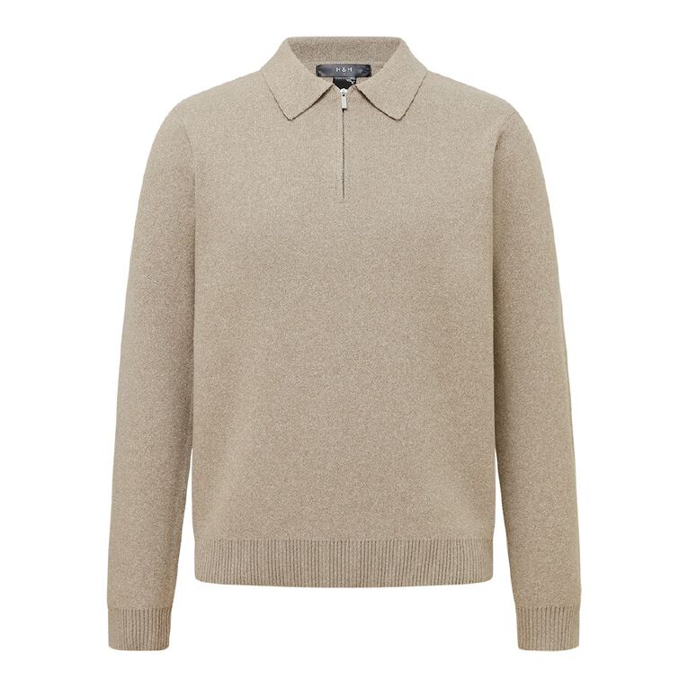 H&H Men's QTR Zip Collared Pullover, Beige, hi-res