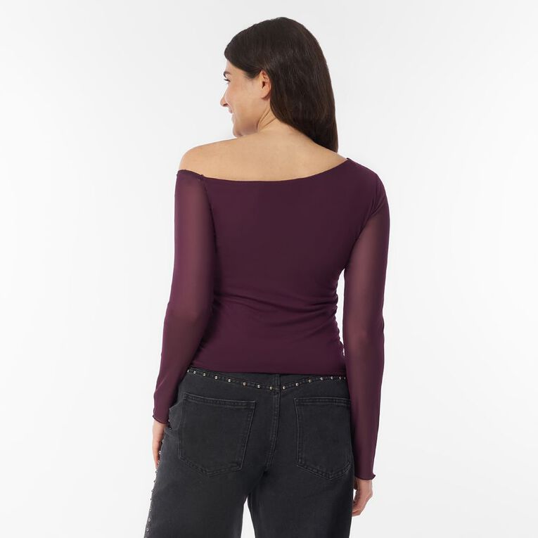 H&H Women's Long Sleeve Mesh Ruched Asymmetric Top, Red Dark, hi-res
