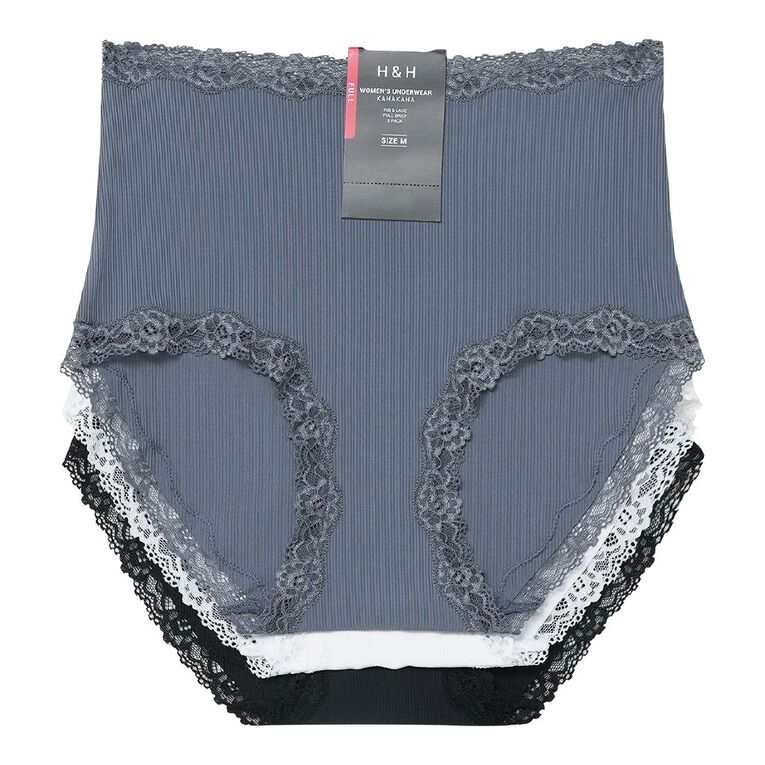 H&H Women's Rib And Lace Full Briefs 3 Pack, Black, hi-res