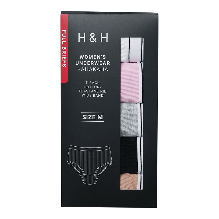 H&H Women's Cotton Elastane Rib Full Briefs 5 Pack, Black, hi-res