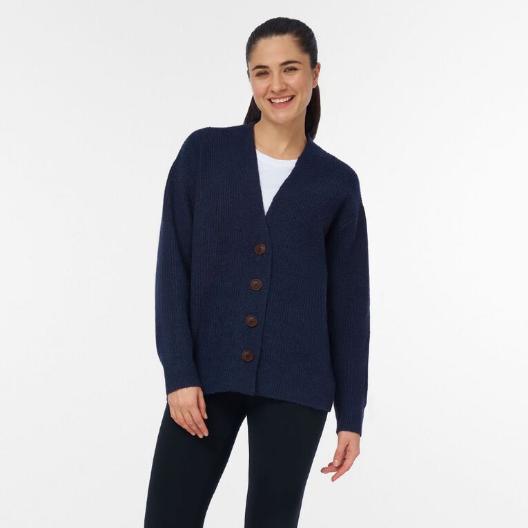 H&H Women's Rib Knit Long Cardigan, Blue Dark, hi-res