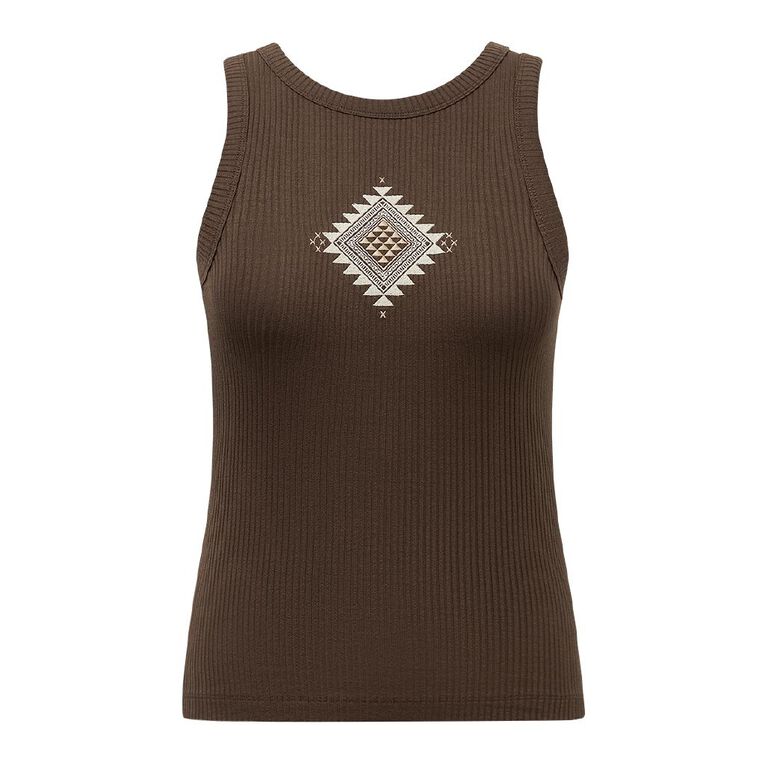 Karanga Ink Women's Rib Tank, Brown Mid, hi-res