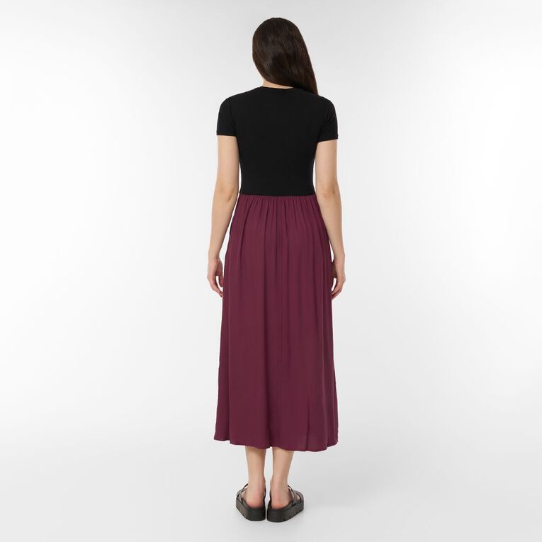 H&H Women's Short Sleeve Ribbed Bodice Midaxi, Red Dark, hi-res