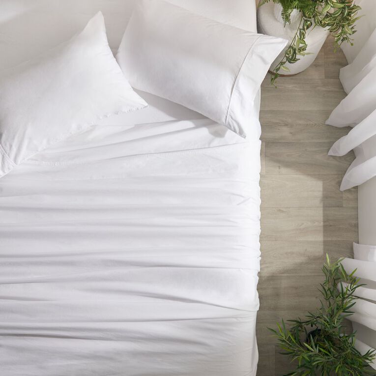 Living & Co 100% Washed Cotton Sheet Set White Double, White, hi-res