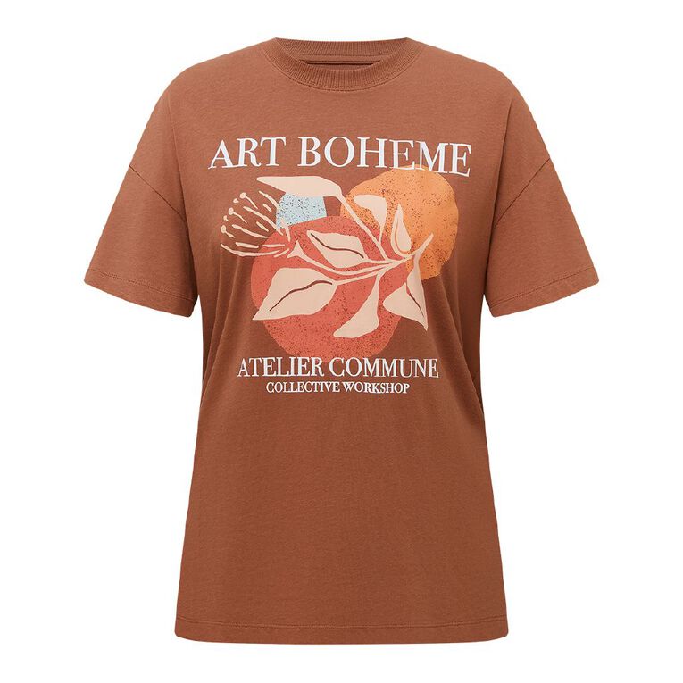 H&H Women's Short Sleeve Boyfriend Graphic Tee, Brown Light ART, hi-res
