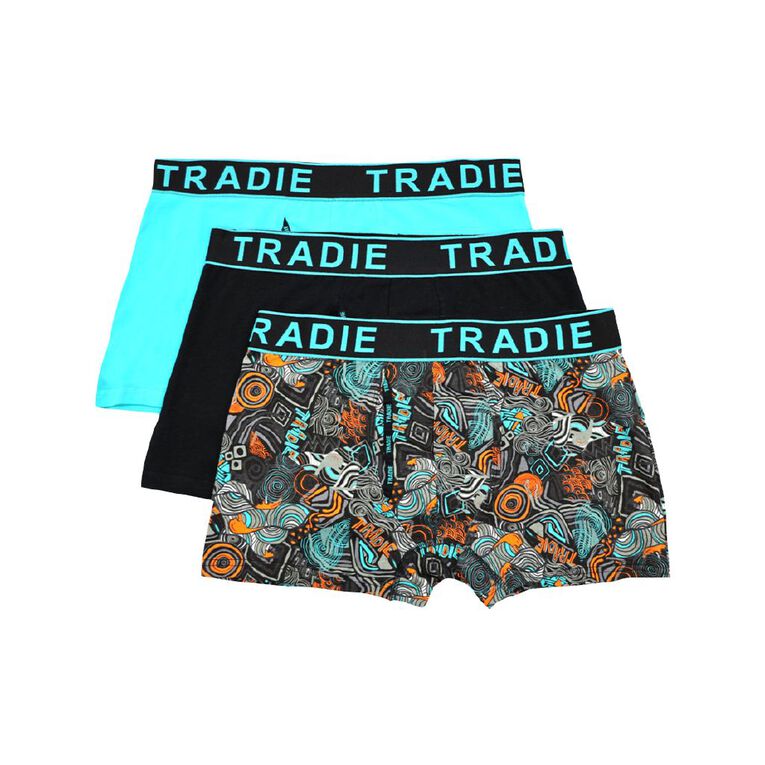 Tradie Men's Fly Front Trunks 3 Pack, Black/Green, hi-res
