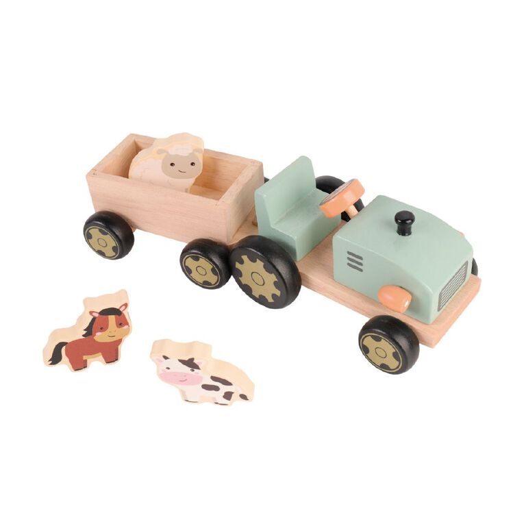 Play Studio Wooden Tractor & Trailer With Animal Figures, , hi-res