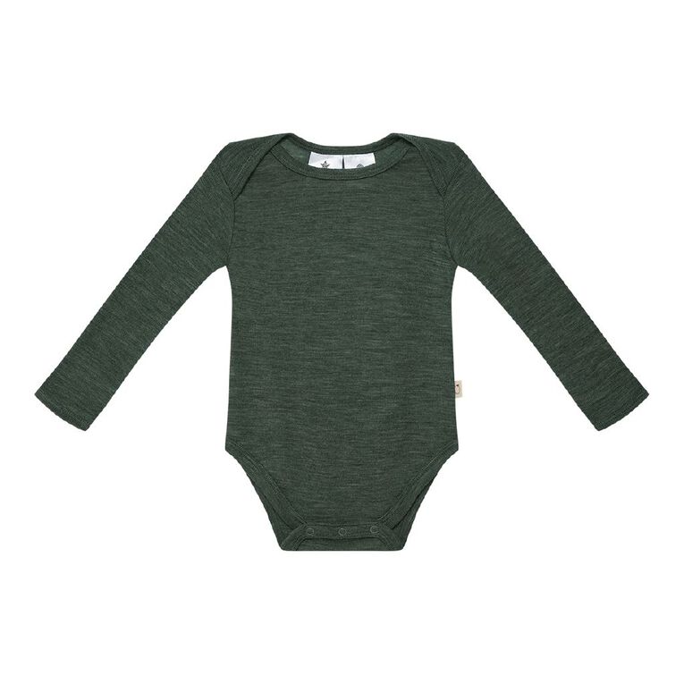 Young Original Babies' Merino Long Sleeve Bodysuit, Green Dark, hi-res