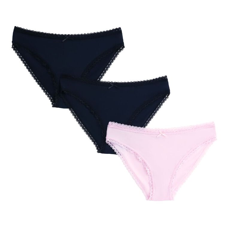 H&H Women's Micro and Lace Bikini Briefs 3 Pack, Black/Pink, hi-res