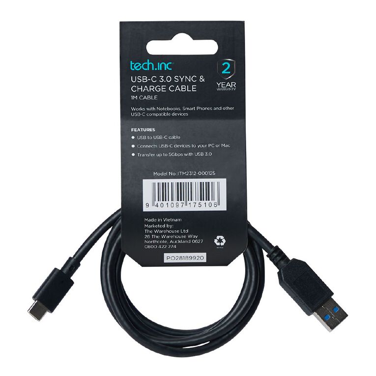 Tech.Inc 3.0 USB-A To USB-C Cable 1m Black, , hi-res