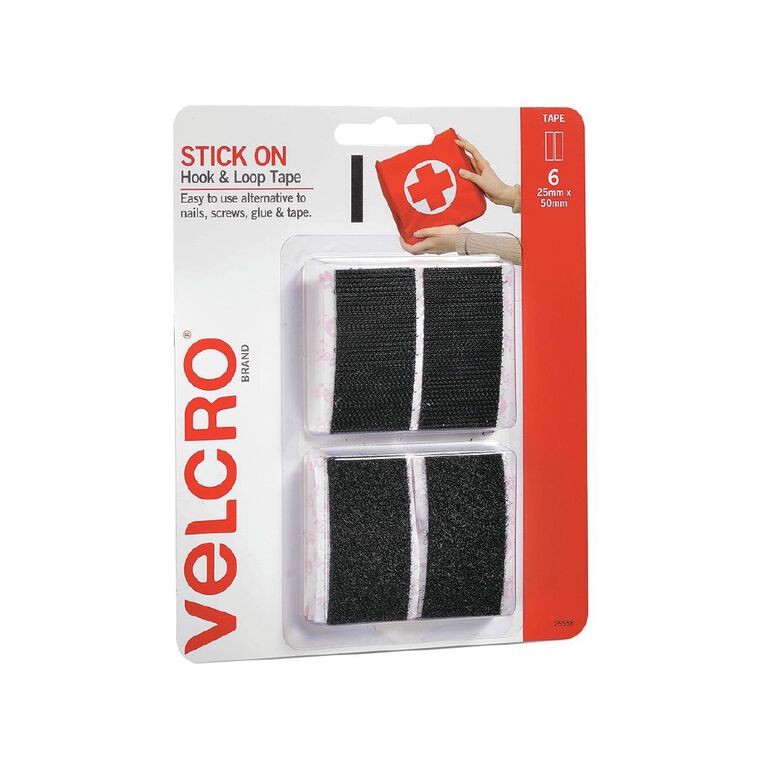 VELCRO Brand Hook & Loop Stick On Tape Black 25mm x 50mm 6 Strips, , hi-res
