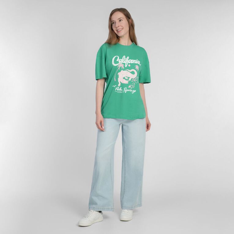 H&H Women's Short Sleeve Boyfriend Graphic Tee, Green Mid CALIFORNIA, hi-res