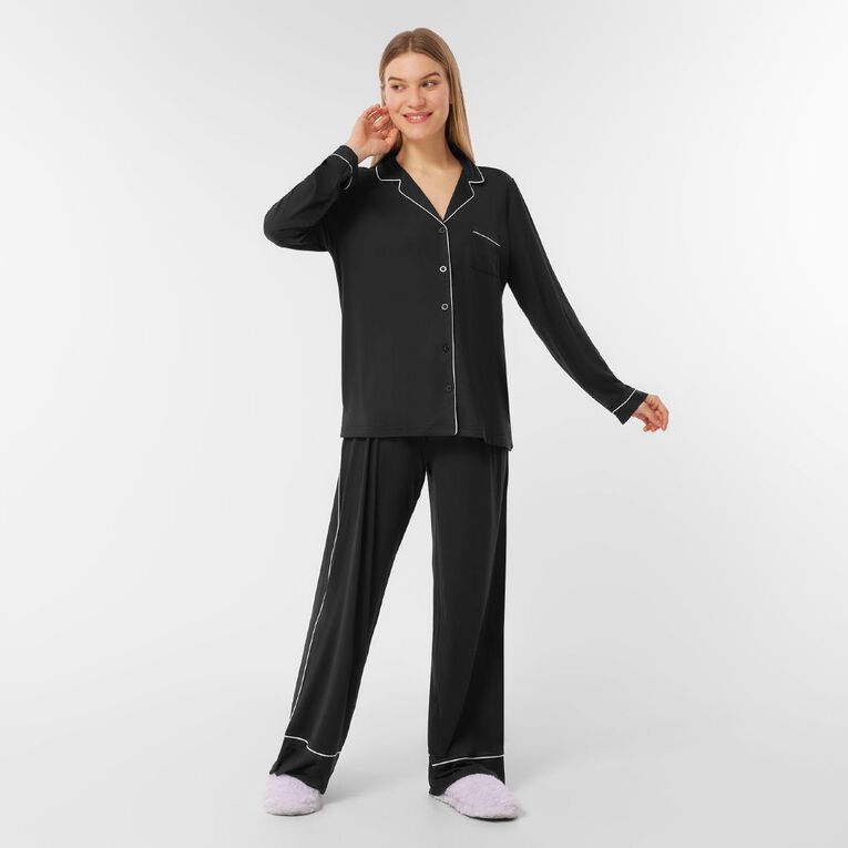 H&H Women's Comfy Button Up Pyjama Set, Black, hi-res
